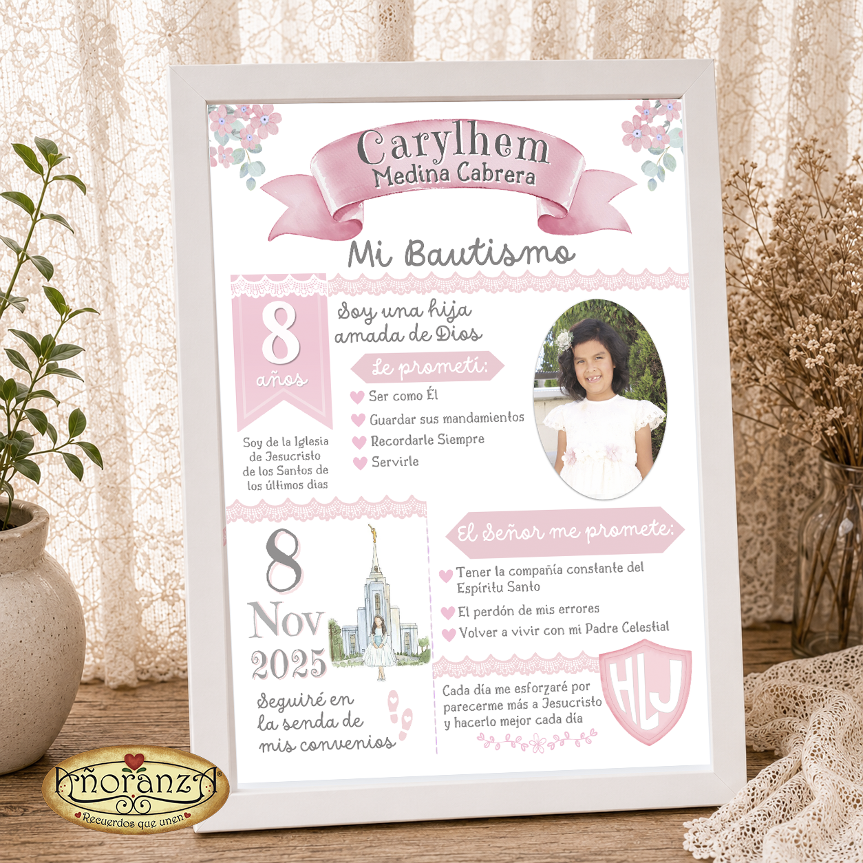 Cuadro de Bautismo para Niña Personalizado | Recuerdo SUD | Plantilla Editable en Canva