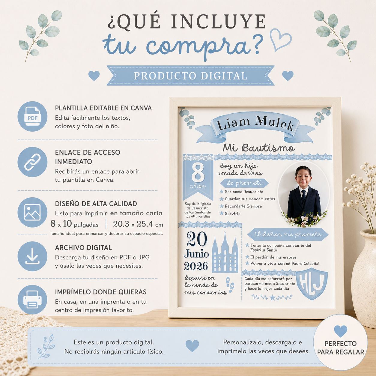 Cuadro de Bautismo para Niño Personalizado | Recuerdo SUD | Archivo Digital Imprimible