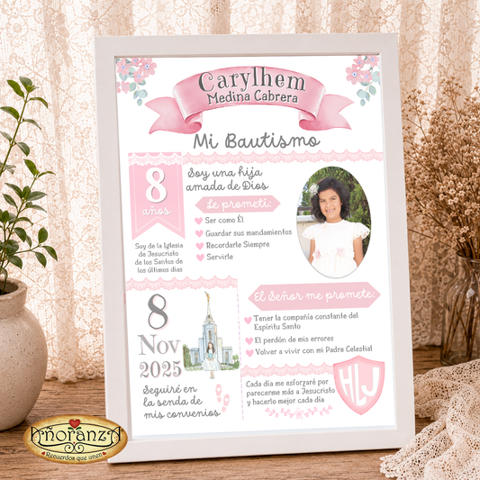 Cuadro de Bautismo para Niña Personalizado | Recuerdo SUD | Plantilla Editable en Canva