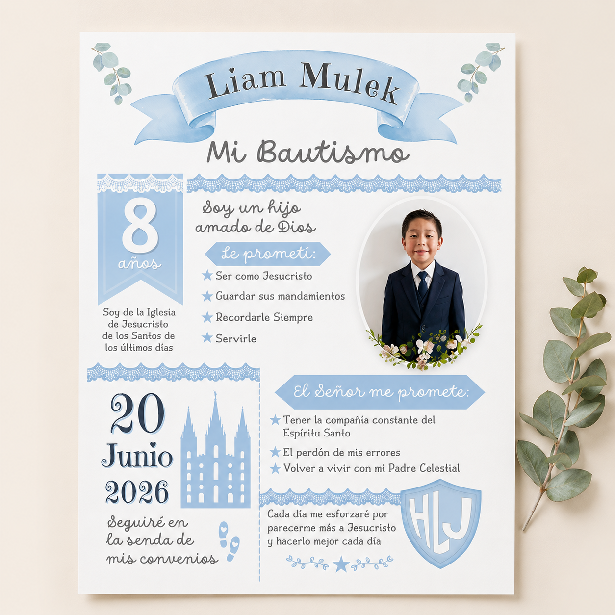 Cuadro de Bautismo para Niño Personalizado | Recuerdo SUD | Archivo Digital Imprimible