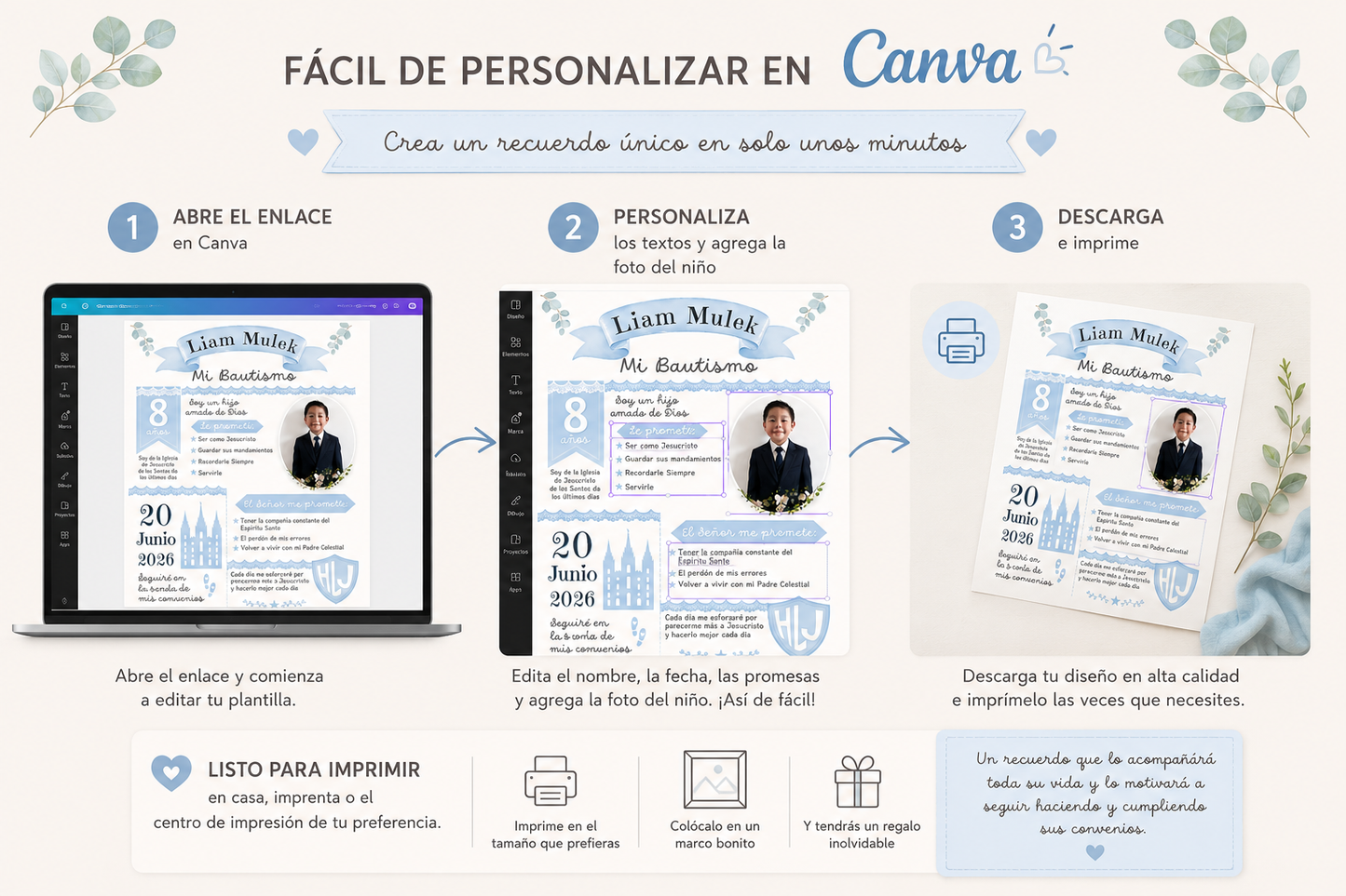 Cuadro de Bautismo para Niño Personalizado | Recuerdo SUD | Archivo Digital Imprimible