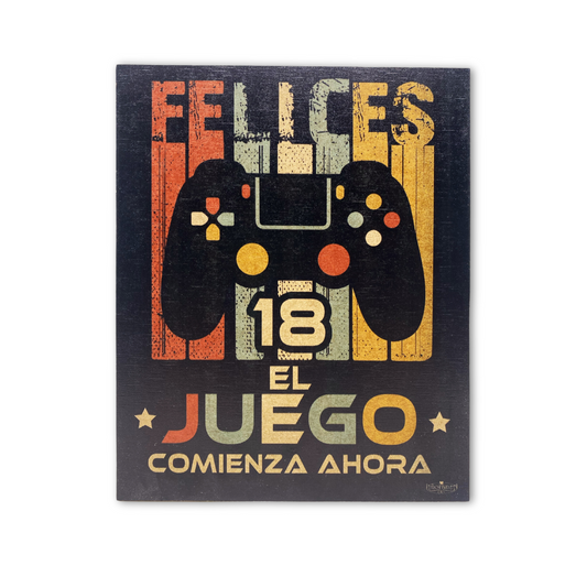 Cuadro de Madera "Felices 18: El Juego Comienza Ahora" - Regalo Original para Cumpleaños de 18 Años